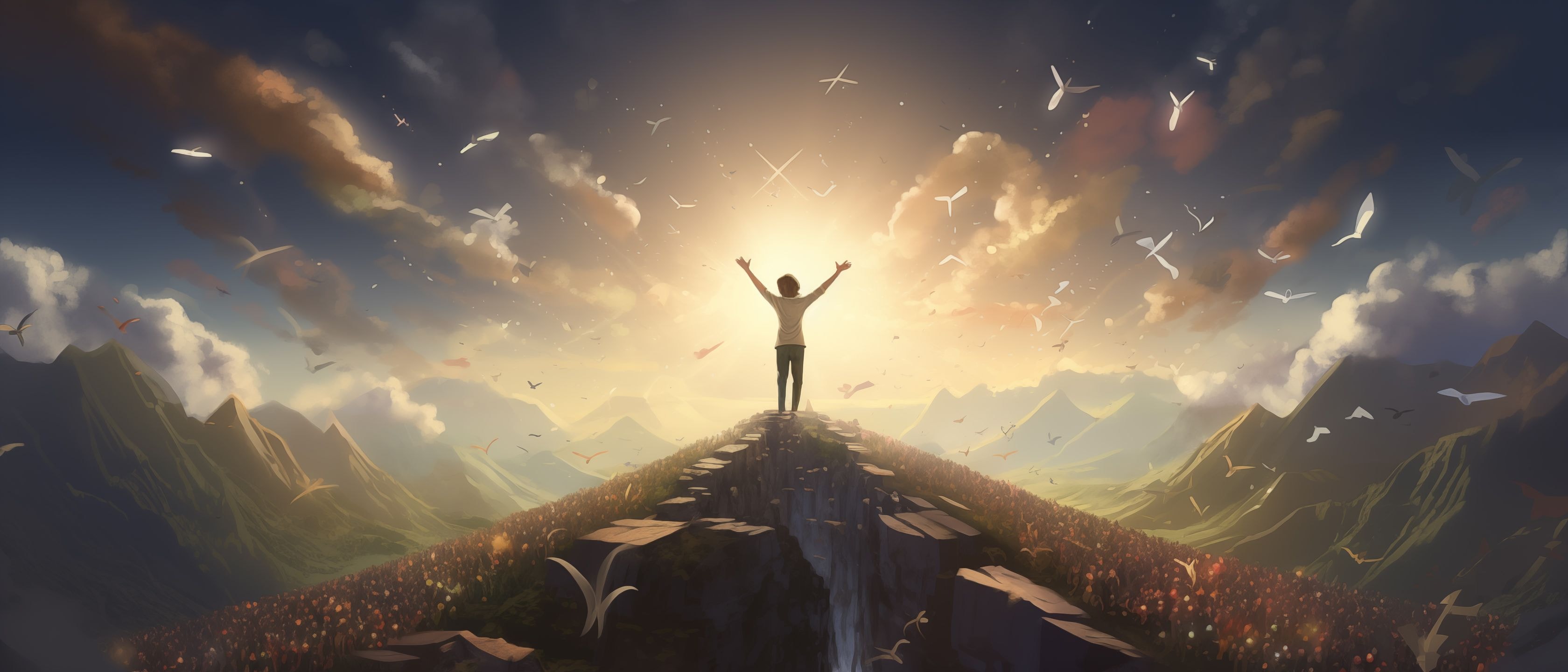 Человек с поднятыми в воздух руками Стоящий на вершине горы с видом на небо, вдохновленный верой