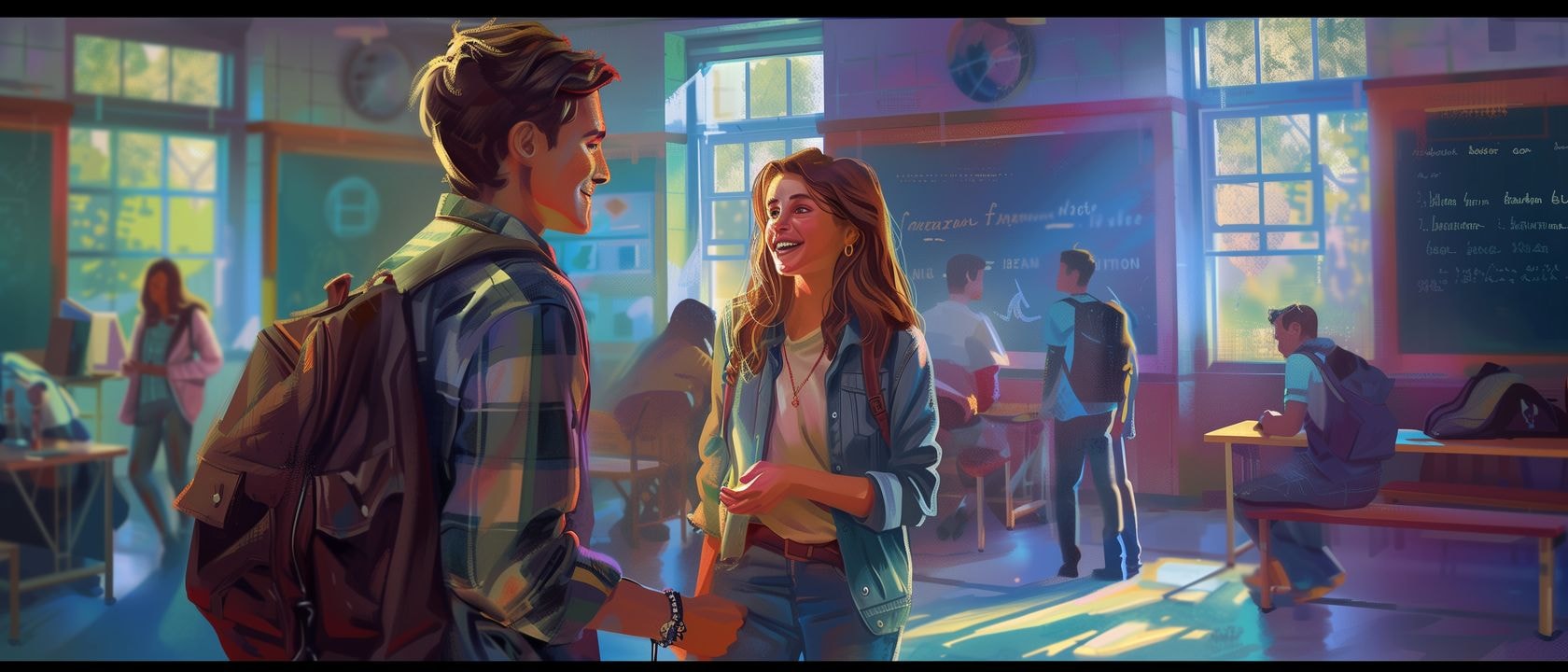 В новом учебном заведении Эмили сталкивается с первым знакомством Когда она решает подойти к незнакомцу, представиться с улыбкой и уместным вопросом, даря ему при этом приятное впечатление.