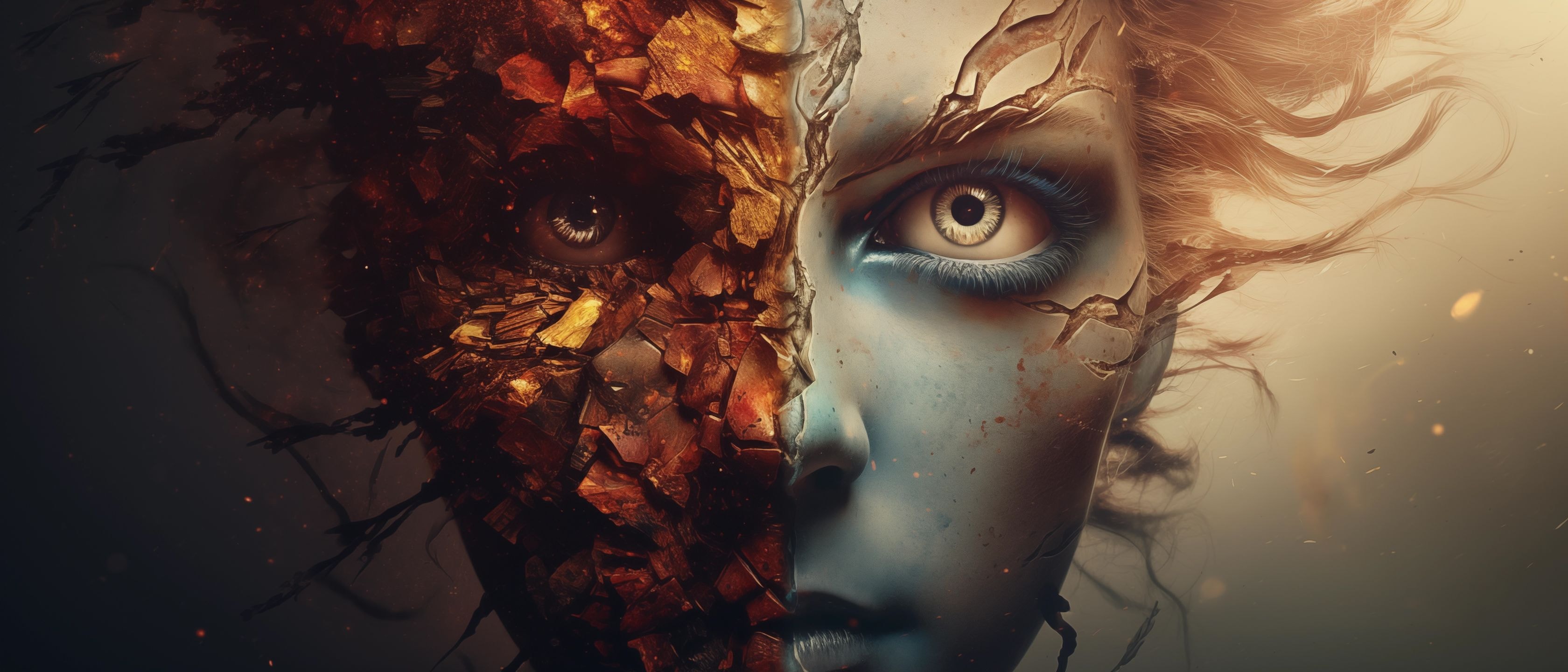 Фотография женщины с очень яркой раскраской лица Лицо модели раскрашено как в синий, так и в золотой цвета, в стиле апокалиптического коллажа