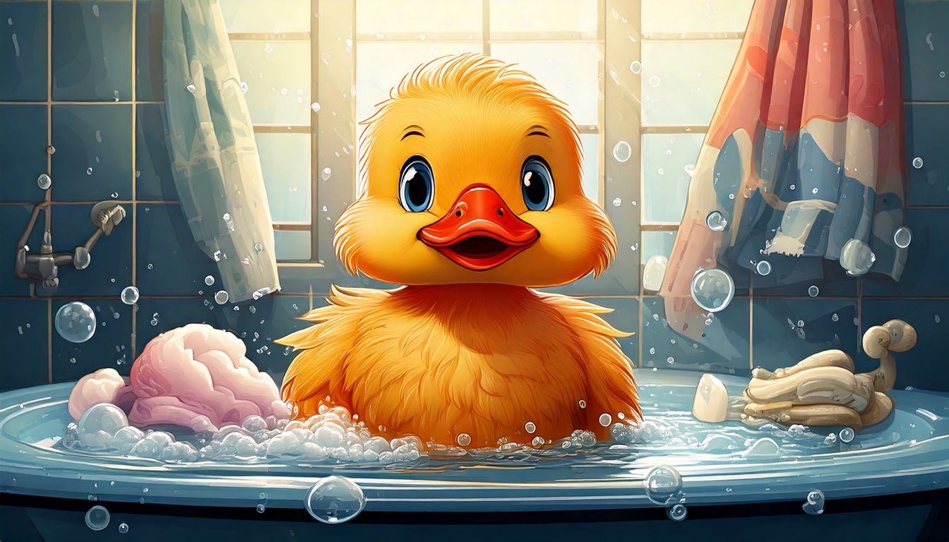 Мультяшная уточка плавает ванная во всей красе