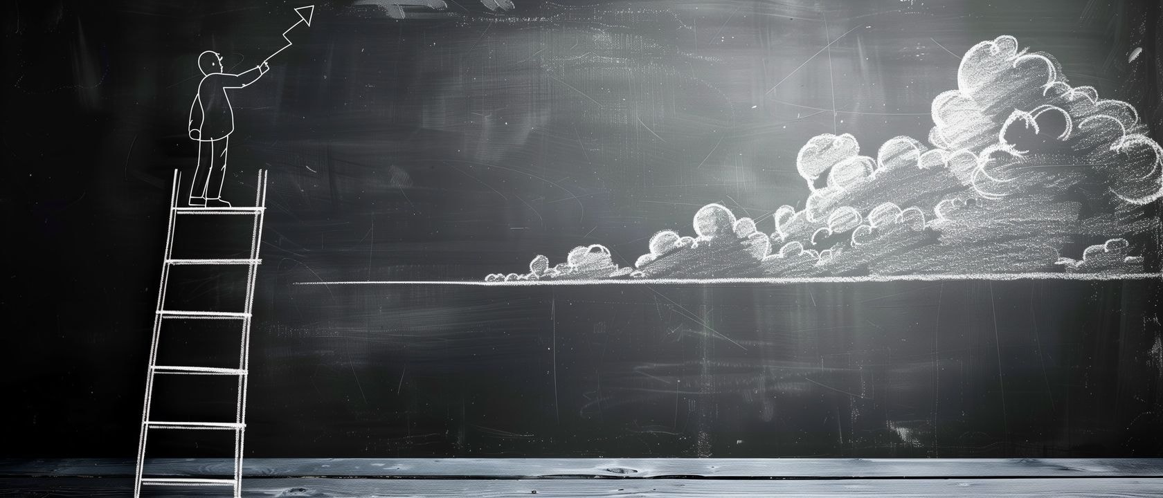 Вверх по лестнице успеха Рисунок на классной доске: человек на лестнице, ведущей в облака, с нарисованной стрелкой, символизирующей путь к успеху.