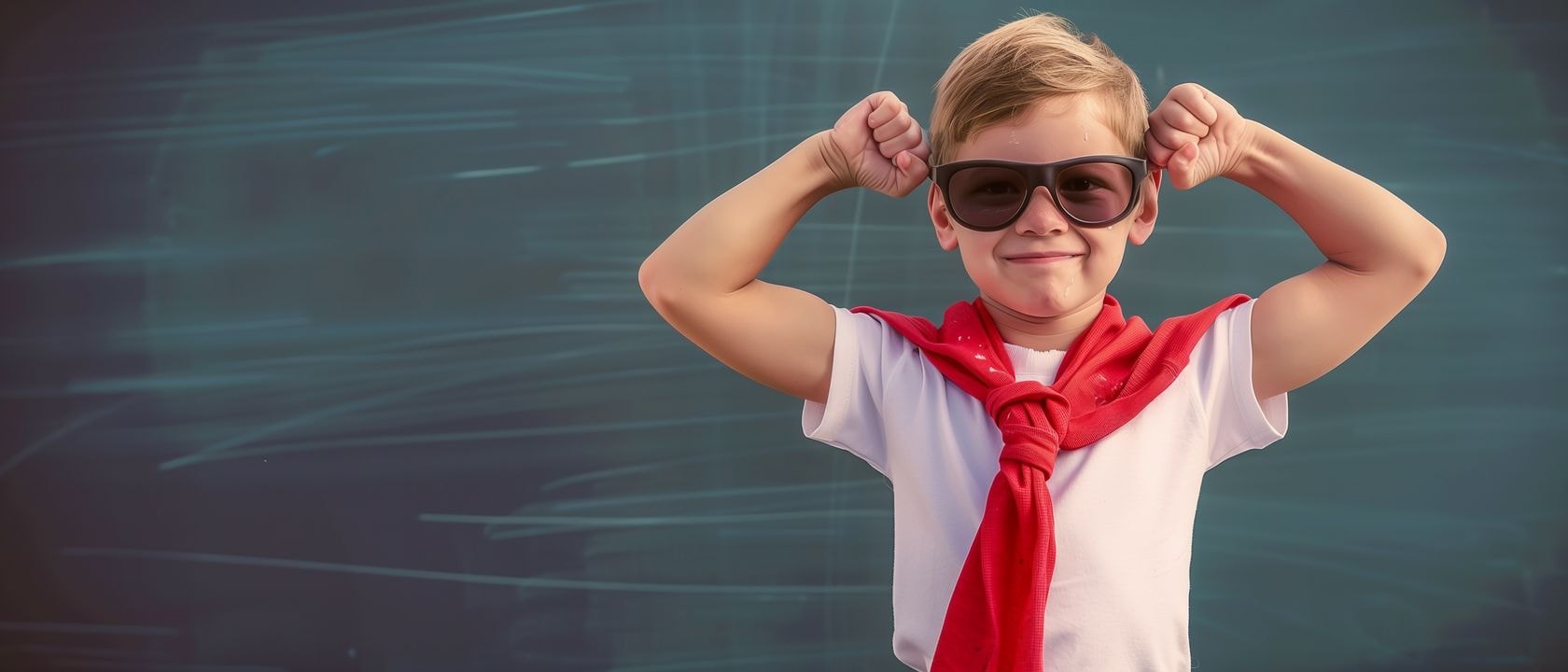 Самоуверенный ребенок Демонстрирует мускулы, улыбаясь на фоне меловой доски.