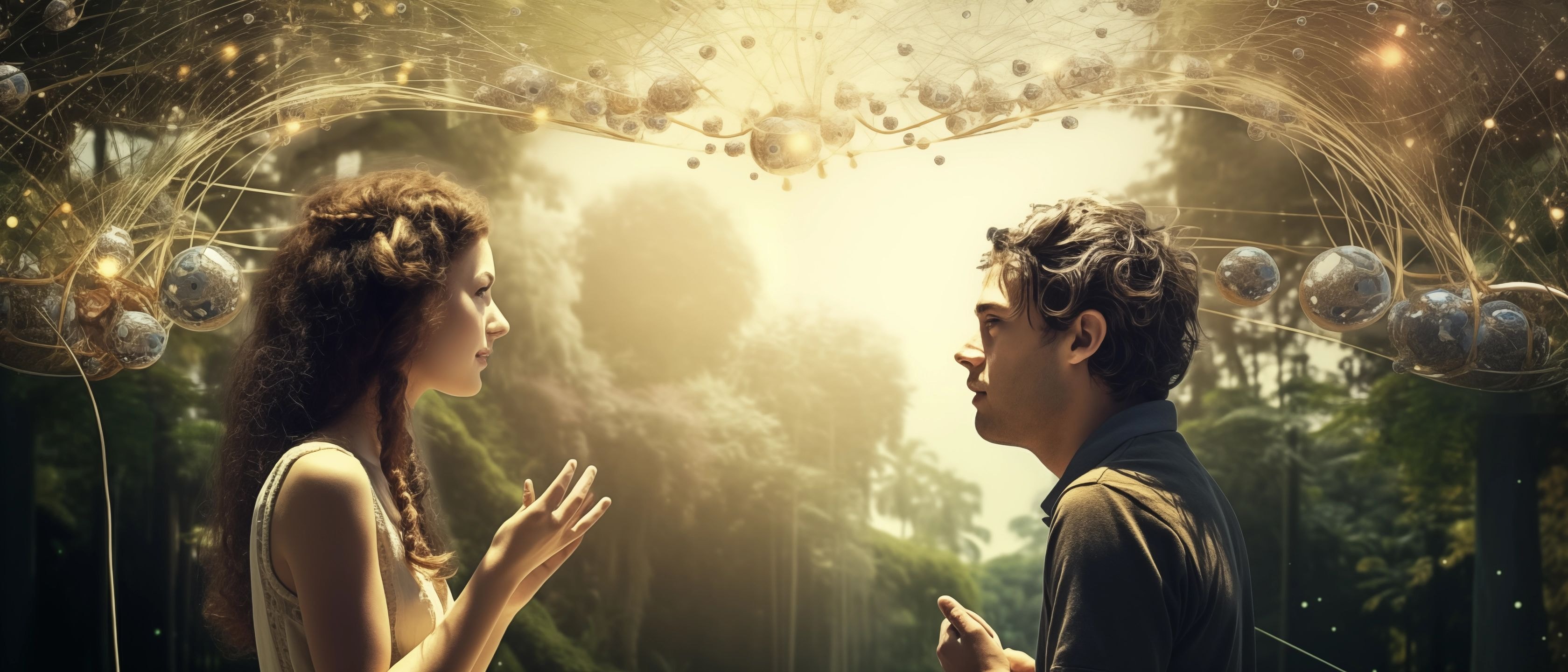 Мужчина и женщина, окруженные лесом Смотрят друг на друга в стиле Джоэла Робисона, вдохновленный природой модерн