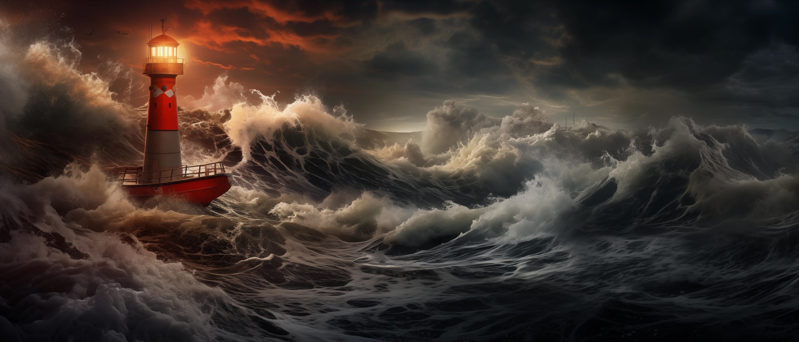 Маяк посреди океана с тяжелыми волнами Выполненный в стиле скрупулезных фотореалистичных натюрмортов