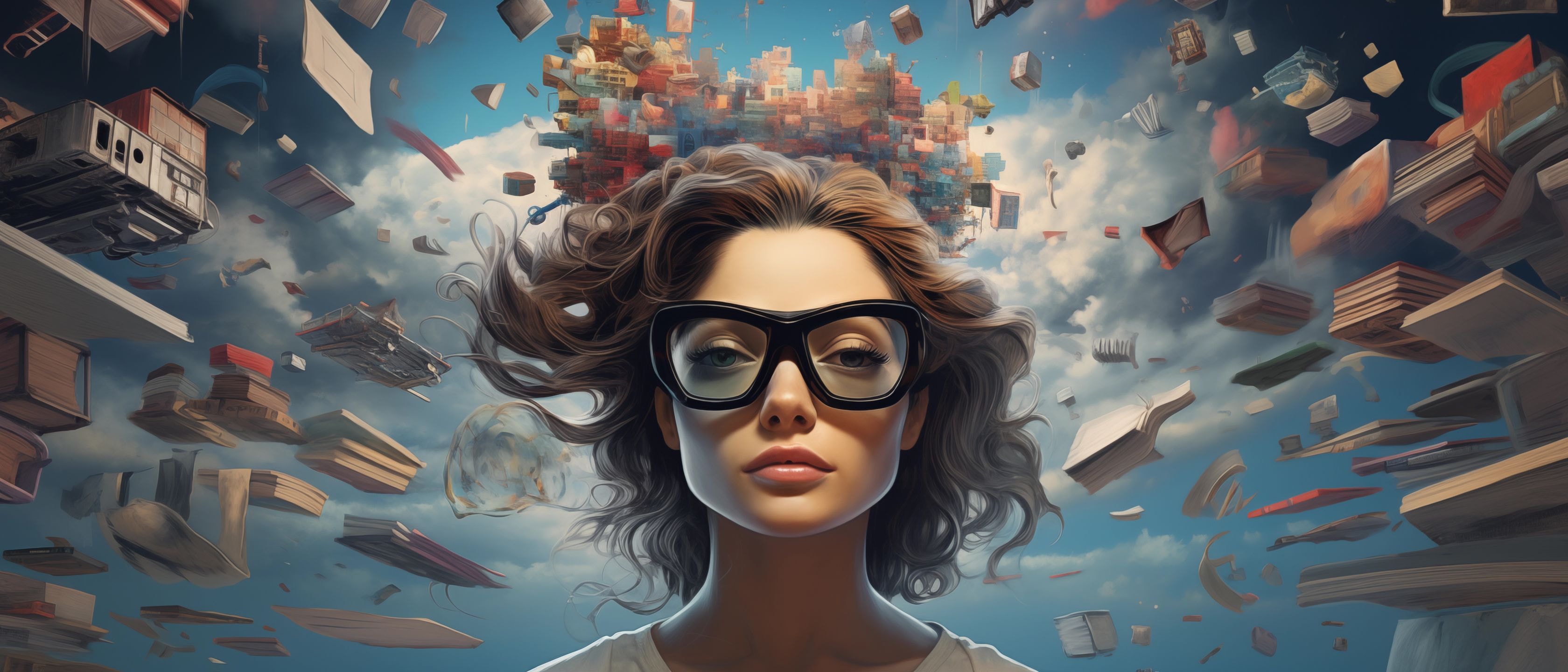 Воображаемая женщина в очках Окруженная книгами