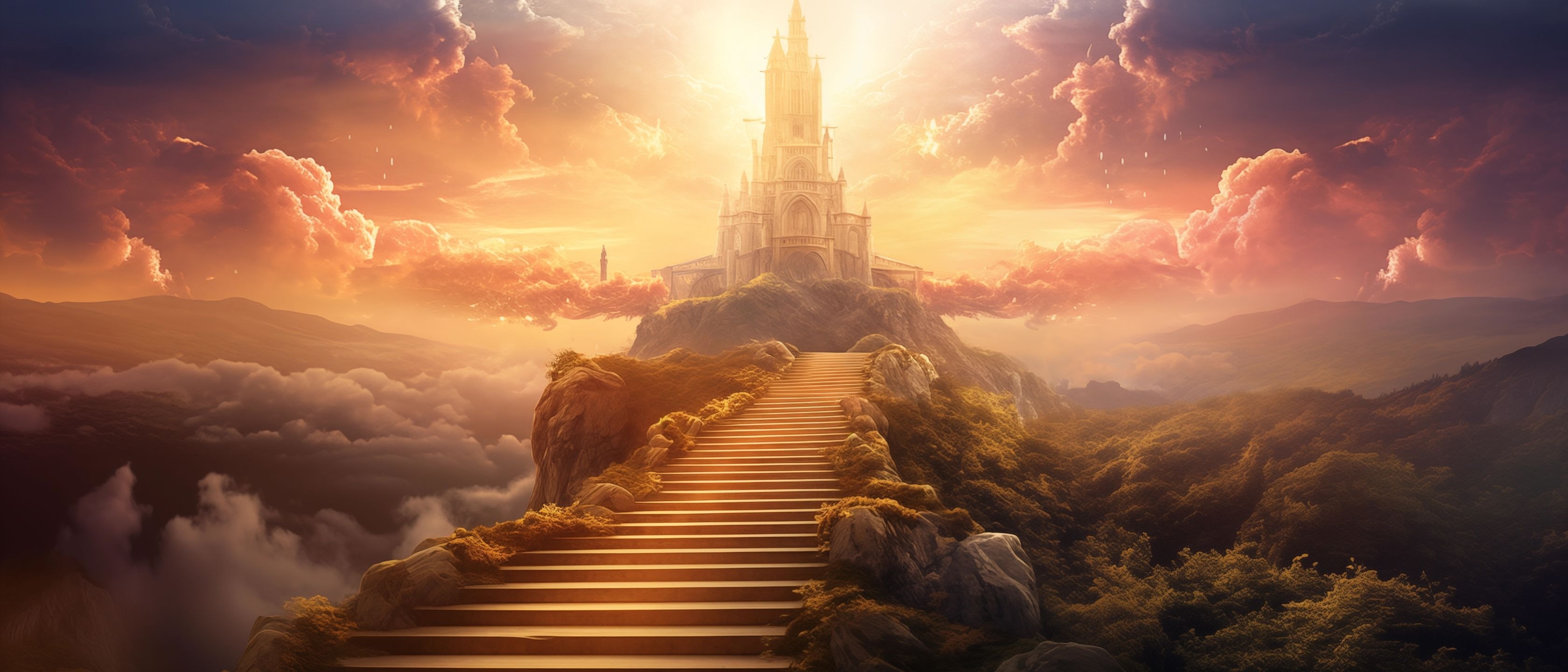Фантастическая сцена горной башни с лестницей Уходящей вверх сквозь облака
