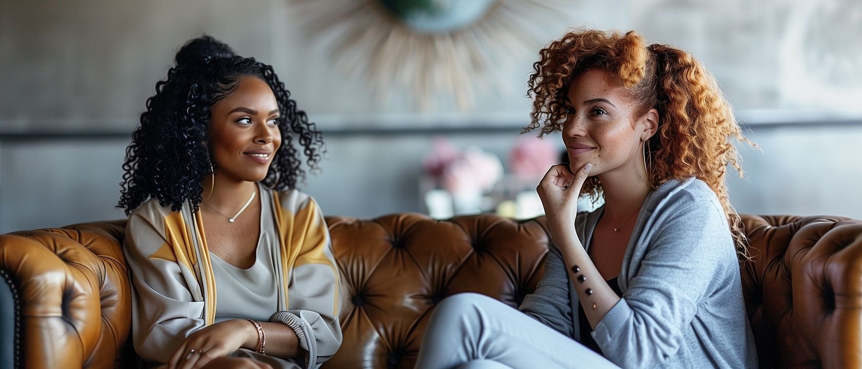 Счастливые друзья Наслаждаются совместной беседой на диване.