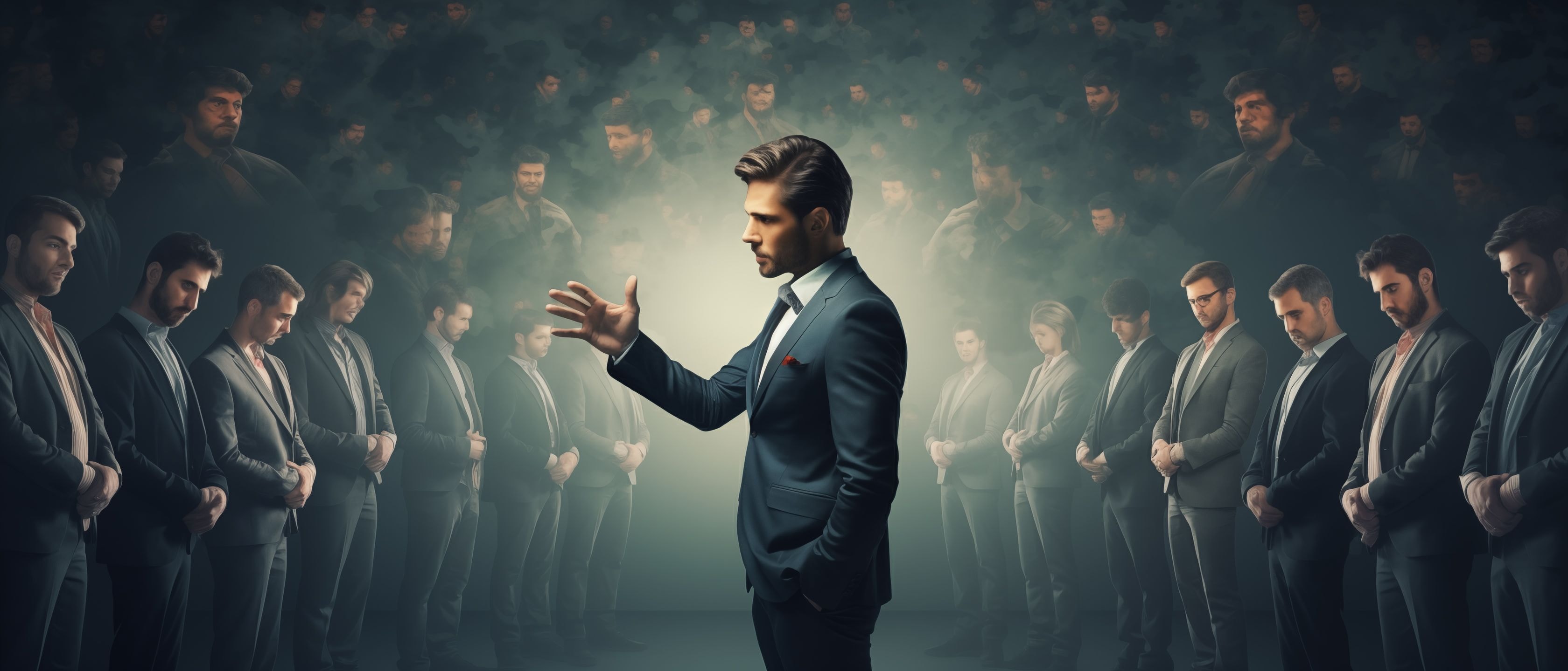 Лидер с рукой перед толпой бизнесменов-мужчин Сила влияния в бизнесе