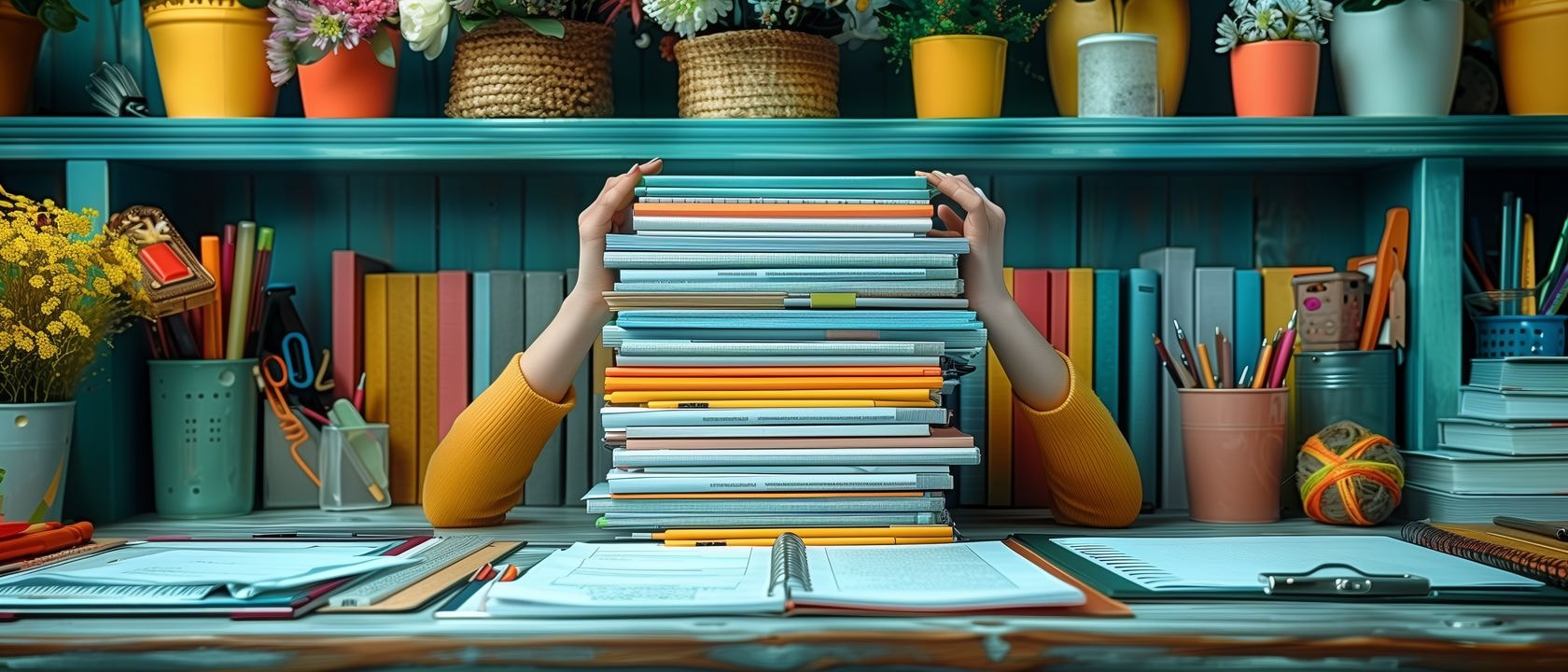 На изображении показан перфекционист Выравнивающий стопку документов на идеально чистом рабочем столе, окружённый инструментами для работы и заметками, аккуратно расположенными по цвету и размеру.