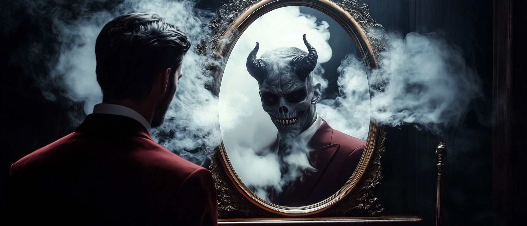 Отражение дьявола в зеркале В зеркале виднеется ужасающая демоническая фигура c острыми зубами и зловещими рогами. Из зеркала клубится густой дым, создавая зловещую и потустороннюю атмосферу.