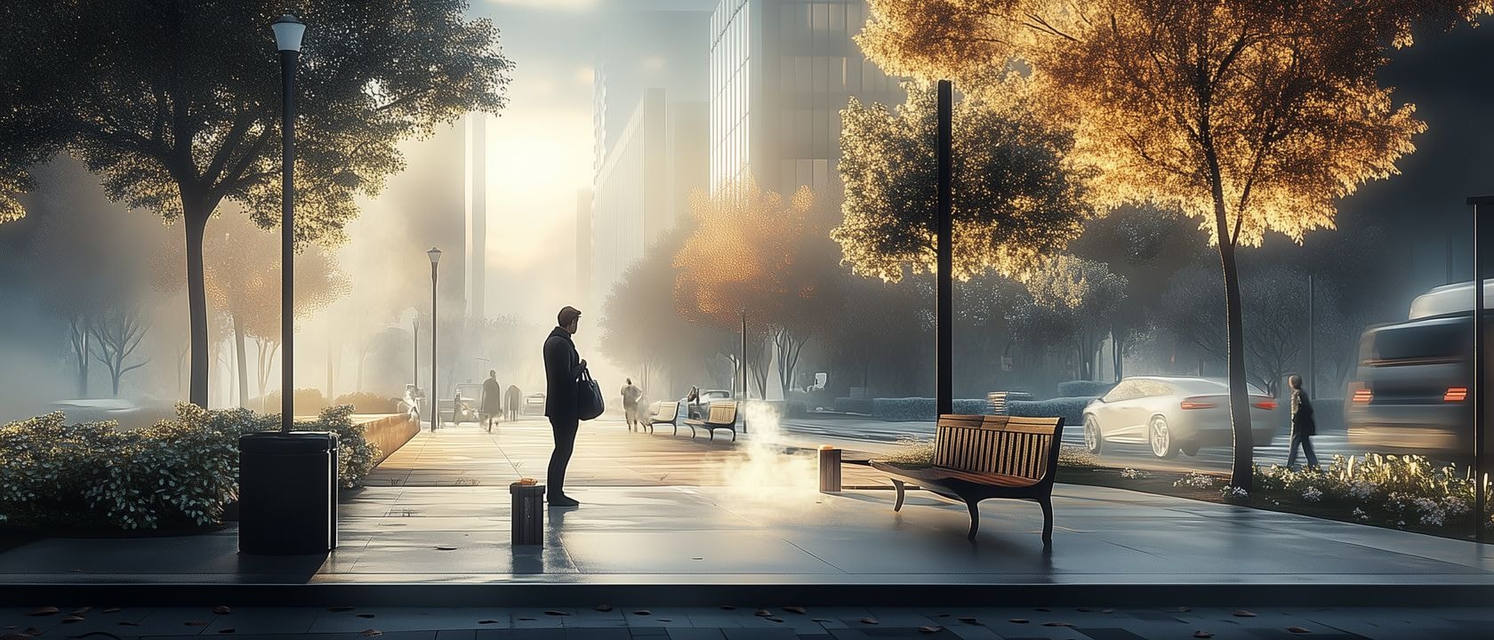 Человек в современной городской обстановке Потенциальный риск: скользкий тротуар, тяжелая сумка рядом, горячий напиток, скамейка в парке у крутого склона.