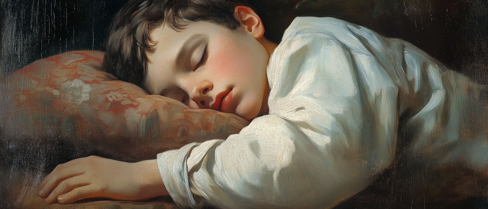 Спящий мальчик Мирно спящий, положив голову на подушку. Мальчик одет в белую рубашку, что придает сцене чистоту и невинность.