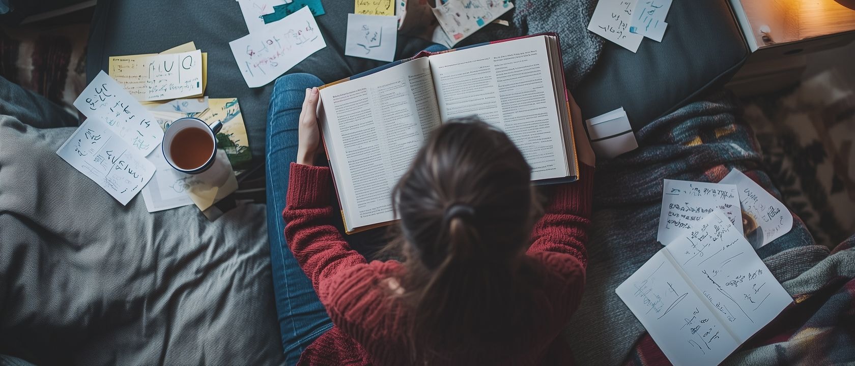 Подросток, изучающий книгу о саморазвитии На уютном диване с чашкой чая, вокруг которого расположены заметки с целями и вдохновляющими цитатами, что символизирует важность инвестирования в собственное образование.