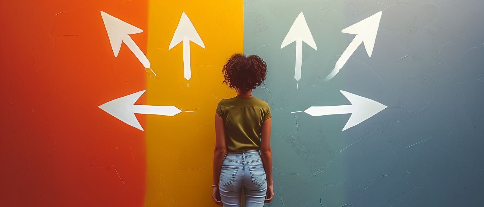 Концепция выбора Женщина, стоящая на цветном фоне со стрелками, указывающими в разные стороны.